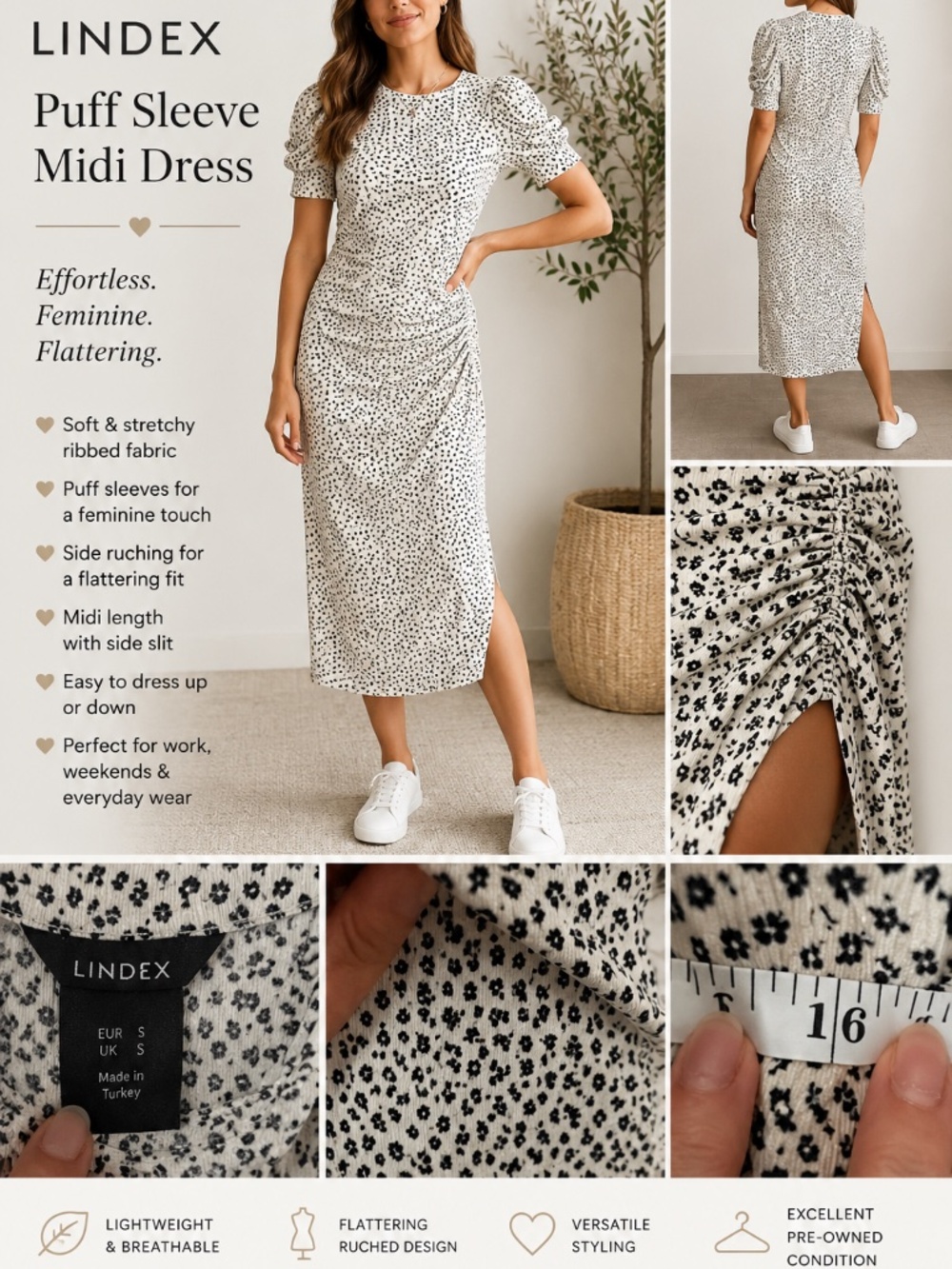 Lindex Black & White Ruched Midi Dress Size Small Puff Sleeve Stretchy Chic